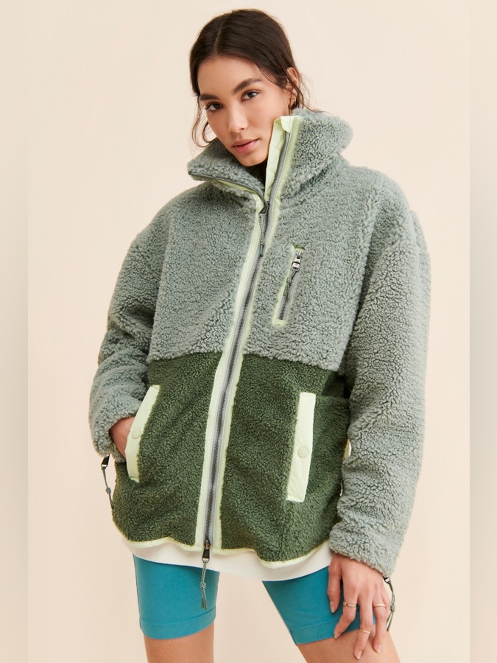 Free People Moon Dancer Fleece Jacket Green Medium Color Block Oversized Zip Up